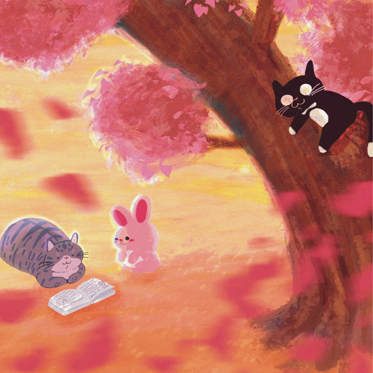 Cats and Rabbit under the cherry blossom tree